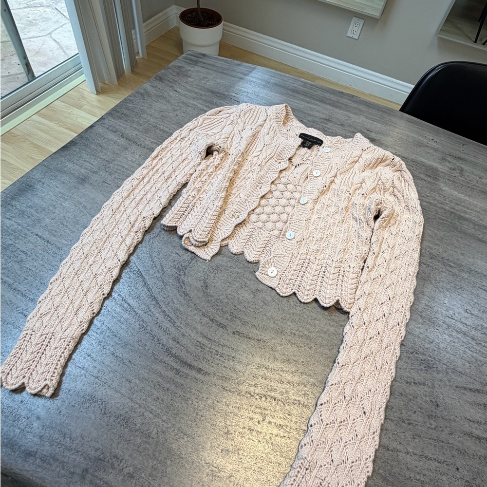 House of Harlow 1960 Cropped Cardigan XS Tan Boho Scallop Knit Y2K - Picture 12 of 12